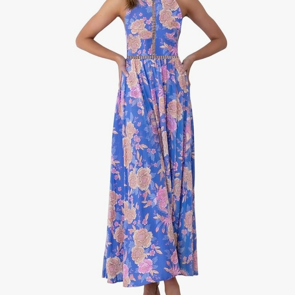 Blue Floral Maxi Dress with Pink Accents